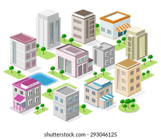 Set of detailed isometric buildings. 3d graphic colorful city with trees and swimming pool. Isolated vector illustration.