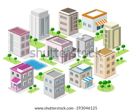 Set of detailed isometric buildings. 3d graphic colorful city with trees and swimming pool. Isolated vector illustration.