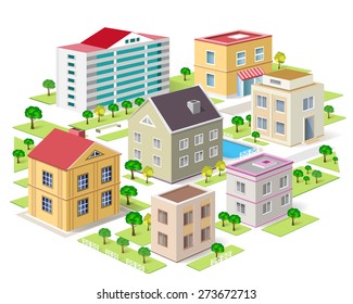 Set of detailed isometric colorful buildings. 3d graphic city with trees. Isolated vector illustration.