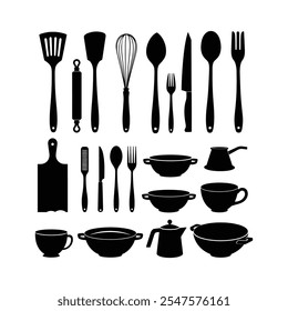 set of detailed kitchen tool silhouette vectors