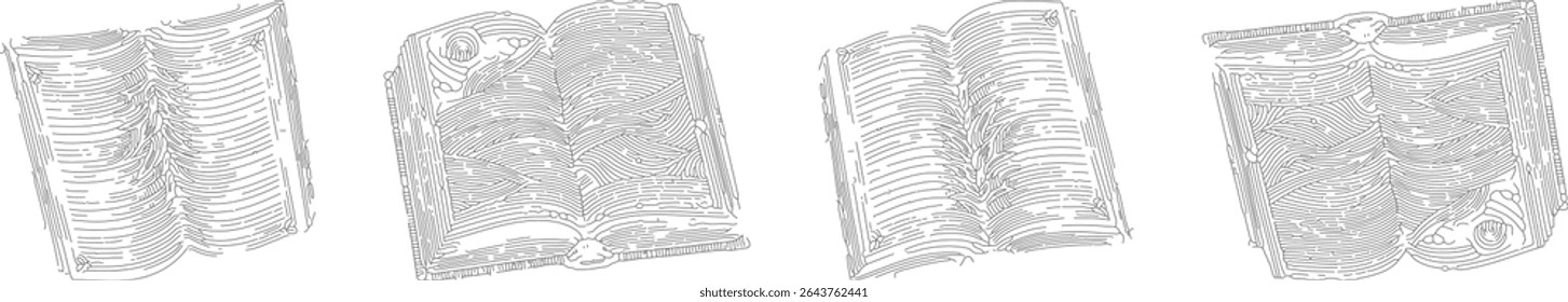 Set of detailed line draw vector designs of an open book top view, black outline illustrations perfect for education, reading