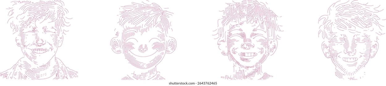Set of detailed line drawing vector designs featuring a red color boy face with intricate black outline, perfect for creative projects, illustrations