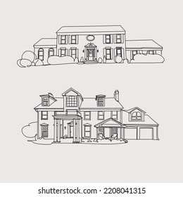 A set of detailed line house vector cottage houses. Modern buildings in a flat style. Vector line art drawing minimalist illustration