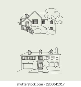 Un conjunto de casas de campo de vectores de línea detalladas. Edificios modernos de estilo plano. Ilustración minimalista de dibujo de líneas de vectores