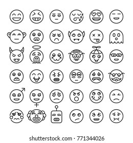 Set of detailed outline emoji. Modern style smileys. Different emotions faces. Emoticons collection.