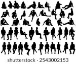 set of detailed people sitting silhouettes isolated on white background