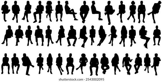 set of detailed people sitting silhouettes isolated on white background