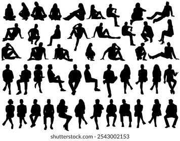 set of detailed people sitting silhouettes isolated on white background