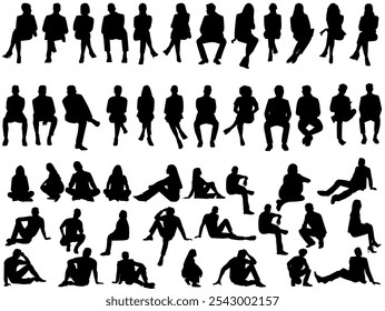 set of detailed people sitting silhouettes isolated on white background