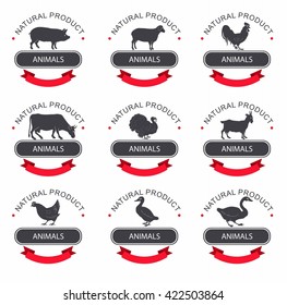 Set of detailed quality vector silhouettes of chicken, rooster, goose, turkey, duck. label templates with farm birds. Set of labels, badges and design elements/ pork, beef, lamb, milk