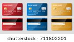 Set of detailed realistic credit cards on grey background. Vector illustration. Two sided. Front and back. 