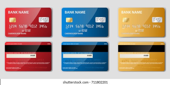 Set of detailed realistic credit cards on grey background. Vector illustration. Two sided. Front and back. 