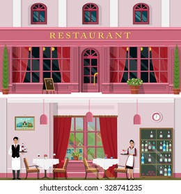 Set of detailed restaurant facade and interior. Cool graphic design for cafe with tables, chairs, waiters and waitress. Flat style vector illustration.