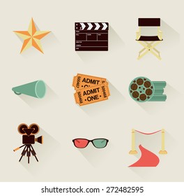 set of detailed retro flat cinema icons