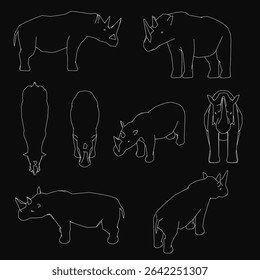 A set of detailed rhino contour in varying shapes and sizes, sharply contrasted against a black background. The lifelike outlines emphasize the animals' powerful forms