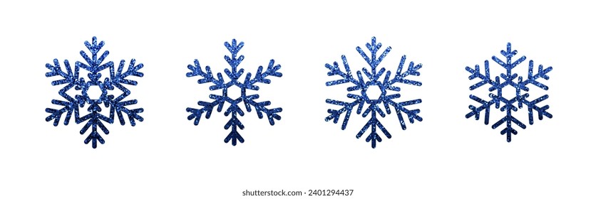 Conjunto de detalles brillantes iconos de copos de nieve azules con efecto brillante. Elementos de diseño invernal, símbolos congelados. Ilustración del vector
