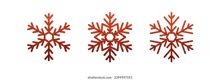 Conjunto de detalles brillantes iconos de copos de nieve rojos con efecto brillante. Elementos de diseño invernal, símbolos congelados. Ilustración del vector