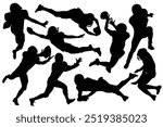 A set of detailed silhouette American Football players in lots of different poses. Set of silhouettes of High detail rugby athlete with different pose, gesture icon logo.