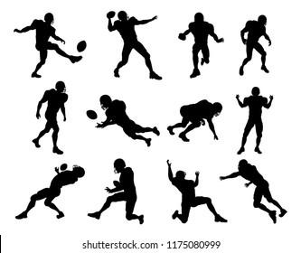 A set of detailed silhouette American Football players in lots of different poses