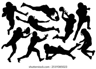 A set of detailed silhouette American Football players in lots of different poses. Set of silhouettes of High detail rugby athlete with different pose, gesture icon logo.