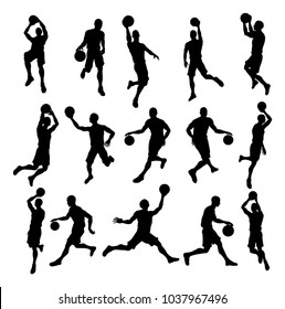 A set of detailed silhouette basketball players in lots of different poses