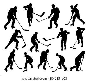 A set of detailed silhouette hockey players in lots of different poses