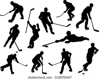 A set of detailed silhouette hockey players in lots of different poses