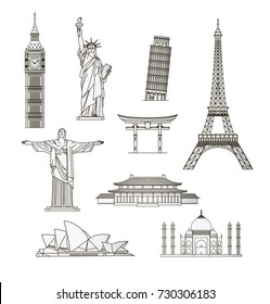 Set of detailed silhouettes of famous monuments and statues. Vector illustration on white background. Ready for use in your design