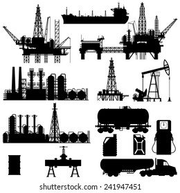Set of detailed silhouettes of oil industry objects, EPS 8