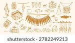 Set of detailed sketch depicting various preparations and presentations of fish. Hanging fish by a string, packed into a wooden crate, a glass jar, a plastic bag. Dried, smoked fish. Fish steakes. Food market concept. 