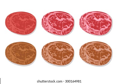 Set of detailed slide fresh ham and grilled salami with line fat texture in flat icon style. Isolated on white background. vector illustration.