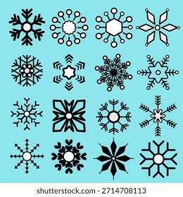 Conjunto de iconos de vectores de copos de nieve detallados. Colección de siluetas negras de copos de nieve para Navidades y año Nuevo Diseño de Festiva, decoración de invierno y Elementos gráficos de adornos festivos en la espalda aislada