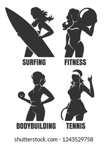 Set of detailed sport woman silhouettes. Fitness, tennis, bodybuilding and surfing women isolated on white. Vector illustartion.