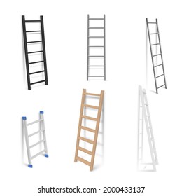 Set of detailed stairs realistic vector illustration. Collection of wooden and metallic ladders isolated. Equipment stepladder for climbing growth vertical way. Instrument for construction or repair