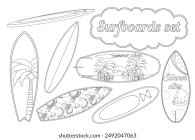 Set of detailed surfboard illustrations for coloring. Perfect for summer, beach, and surfing enthusiasts of all ages.