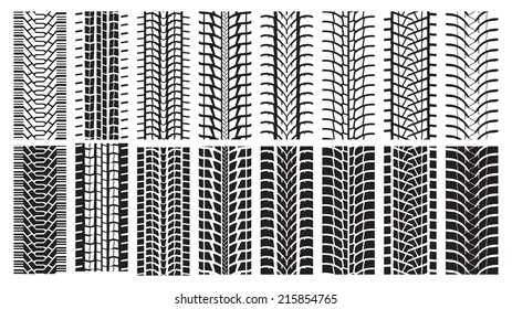 A set of detailed tire prints. Eight tracks white and eight black.
