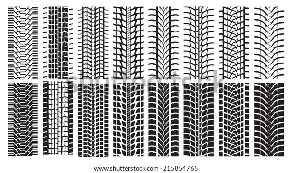A set of detailed tire prints. Eight tracks white\
and eight black.