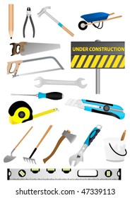 Set of detailed tools isolated on white background