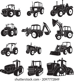 Set of detailed tractor icons. Vector illustration.