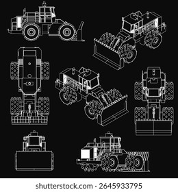 A set of detailed tractors on a black background, featuring a bulldozer, dump truck, and farm tractor. Each machine has unique design elements, showcasing rugged construction and heavy-duty.