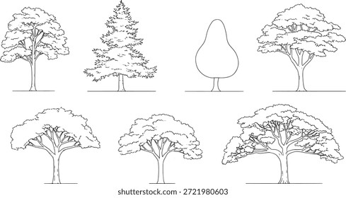 Conjunto de arte detalhada da linha de elevação da árvore para seções arquitetônicas, contornos de vegetação de vista frontal minimalista para desenho de paisagem e esboços de site..eps