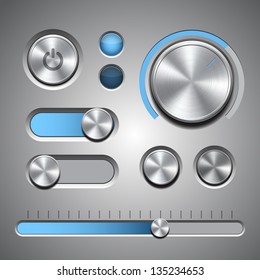 Set of the detailed UI elements with knob, switches and slider in metallic style. Vector illustration