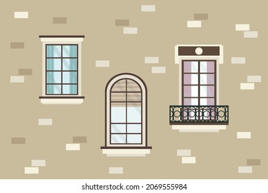 A set of detailed various colorful windows with frames and curtains. The architecture of the house with window sills, balconies. Illustration of the city for banner design. Vector illustration