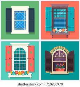 Set of detailed various colorful windows with windowsills, shutters, curtains, and flowers pot Flat style vector illustration