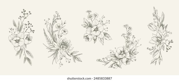 Set of detailed various flowers and foliage, intricate details and delicate forms. Hand drawn vector illustration with elegant botanical elements for invitation, save the date card