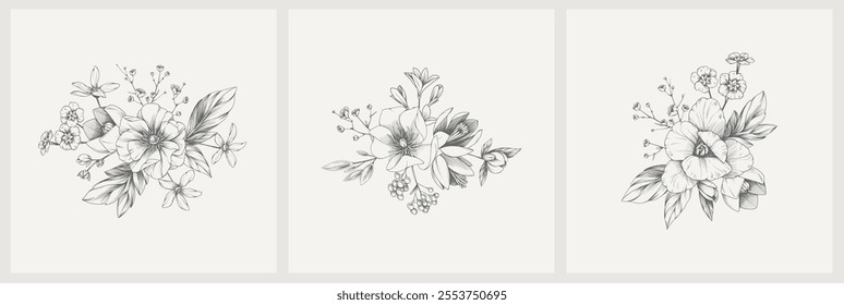 Set of detailed various flowers and foliage, intricate details and delicate forms. Hand drawn vector illustration with elegant botanical elements for invitation, save the date card