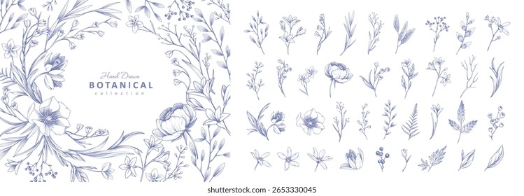 Set of detailed various flowers and foliage, intricate details and delicate forms. Hand drawn vector illustration with elegant botanical elements for invitation, save the date card