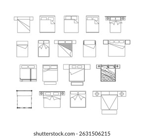 Um conjunto de ícones vetoriais detalhados exibindo camas de casal a partir de uma perspectiva de vista superior. Perfeito para interfaces digitais, plantas baixas e aplicações de design de quartos.