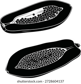 Conjunto de silueta de Vector detallada de una fruta de papaya a la mitad