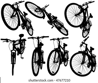 Set of detailed vector silhouettes of the same bicycle from different angles